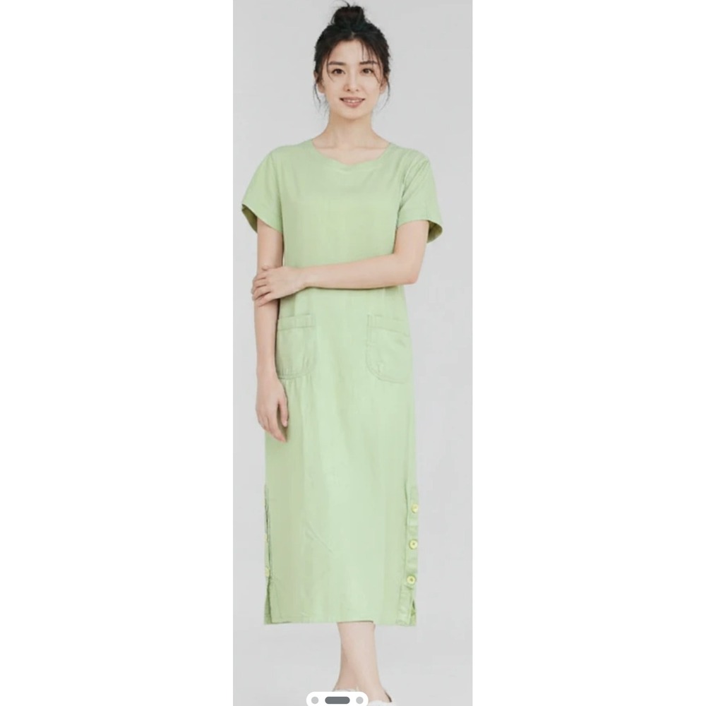 Midi Dress Women 10/12 Sage Linen Blend Button Slit Short Sleeves Lagenlook Chic